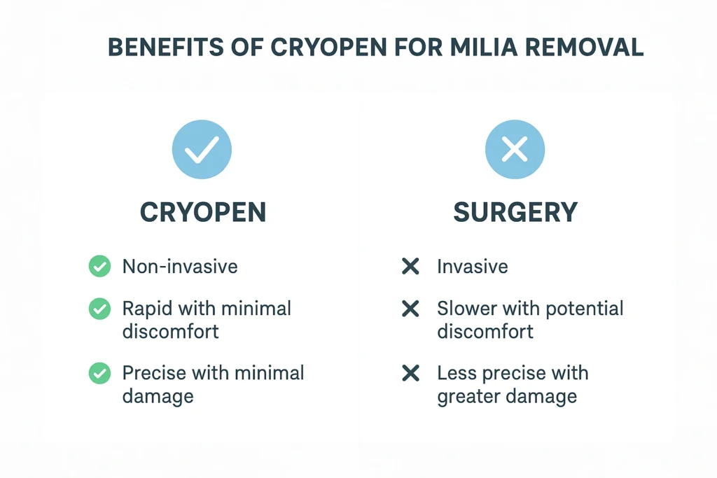 Benefits of cryopen for milia removal Fulham compared to surgical treatments.