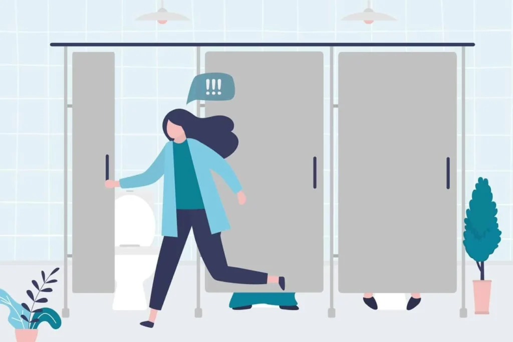 graphic of Urine incontinence Fulham woman running to the toilet.