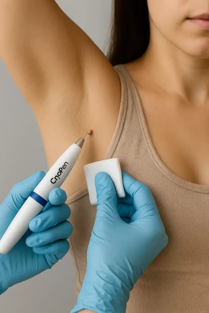 woman having cryopen to remove underarm skin tags Fulham