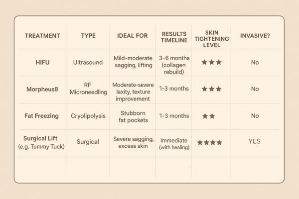 Table showing the comparisons of Skin tightening Fulham treatment options.